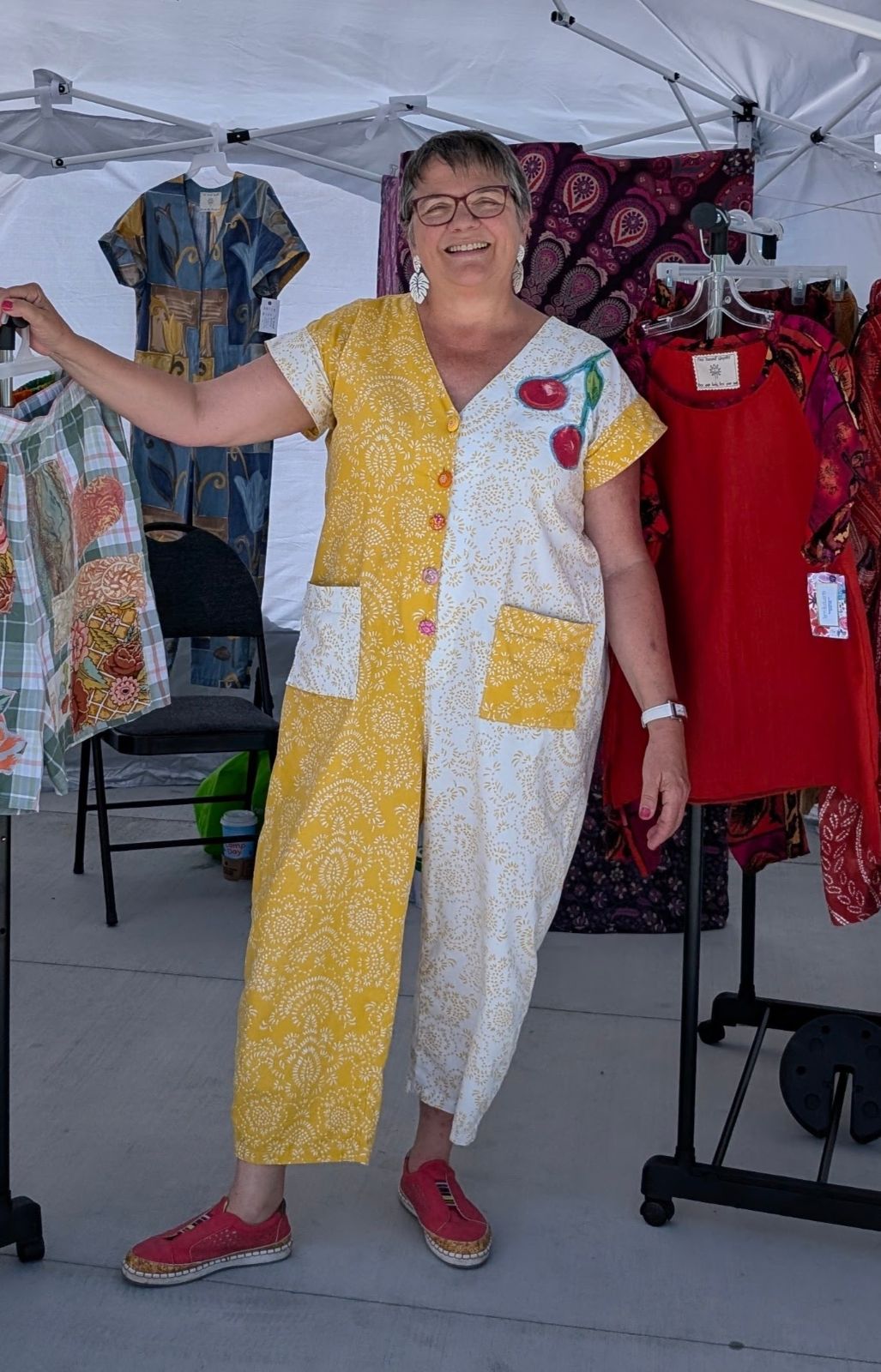 The maker behind Free Yourself Upcycles wearing one of her upcycled pieces