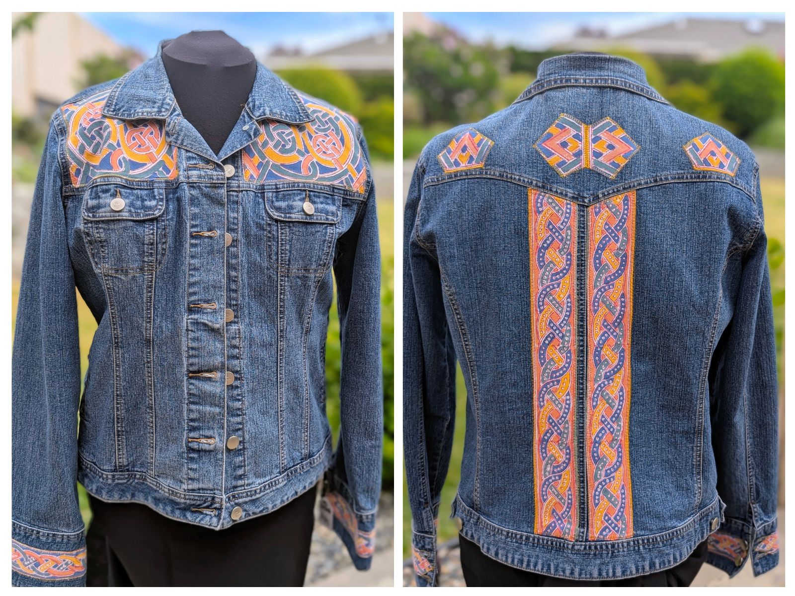 Denim Jacket with Celtic design by Free Yourself Upcycles
