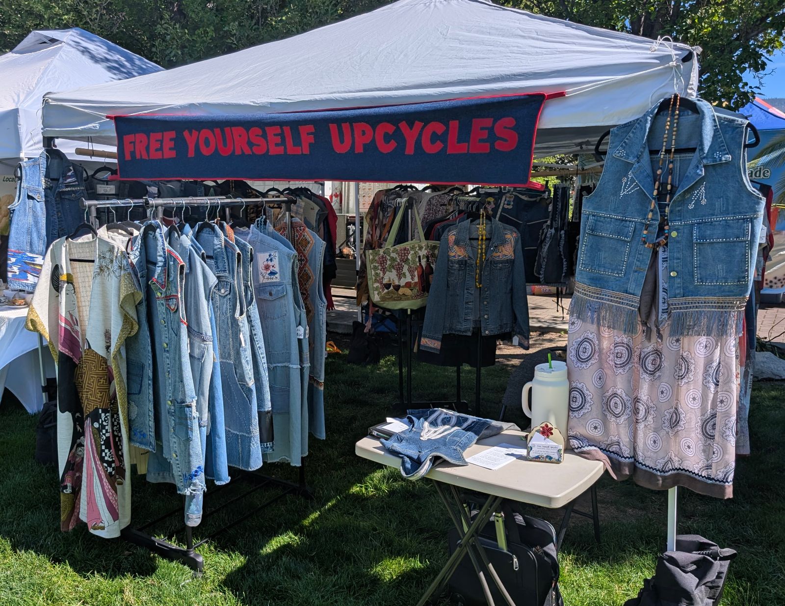 Our booth at a winter market, hand-embroidered banner and all